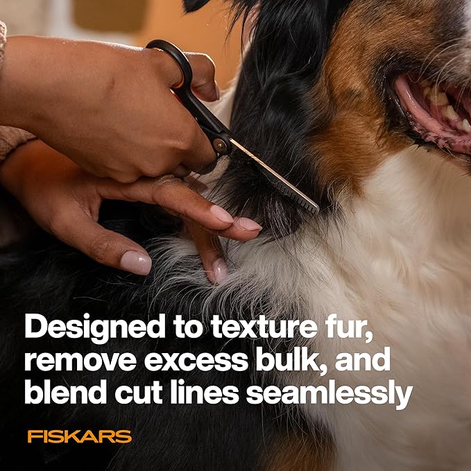 Fiskars Pet, Dog and Cat Grooming Scissors, Serrated Teeth for Thinning & SoftGrip Handle, Cat and Dog Supplies, Orange/Black, Blending Scissors