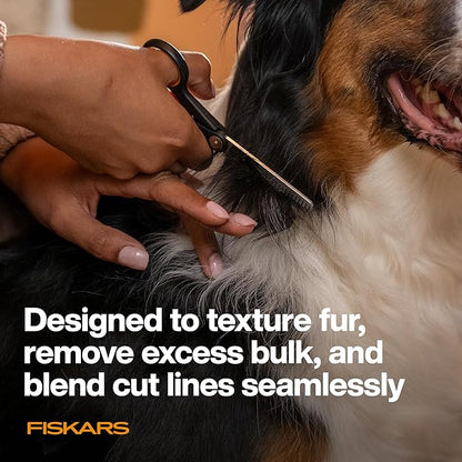 Fiskars Pet, Dog and Cat Grooming Scissors, Serrated Teeth for Thinning & SoftGrip Handle, Cat and Dog Supplies, Orange/Black, Blending Scissors