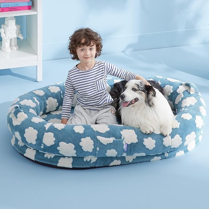 LE SURE Human Dog Bed for Adult & Kids - Calming XXL Size Bed with Egg Foam Supportive Mat as Gift for Family, Cute Modern Beds with Jacquard Shaggy Plush & Anti Slip Bottom 55x37x10, Blue