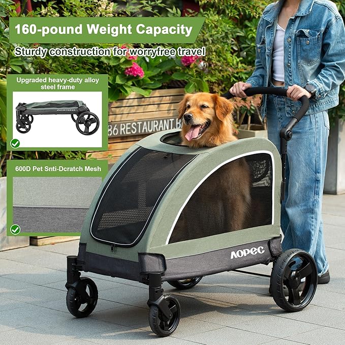 AOPEC Large Dog Stroller - Dual Entry Safety Folding Pet Stroller with Adjustable Handle, All-Terrain 4-Wheel, 160 lbs Weight Capacity for Travel & Outdoor Adventures - Green