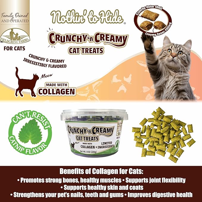 Fieldcrest Farms Nothin’ to Hide Collagen Cat Treats – Crunchy & Creamy Cat Snacks, High-Protein Healthy Treats for Skin, Coat & Joint Support, Catnip Flavor, 8 oz. Resealable Tub