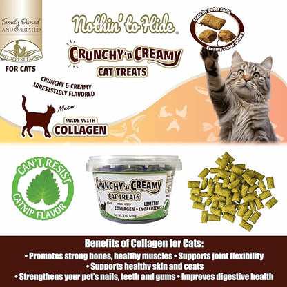 Fieldcrest Farms Nothin’ to Hide Collagen Cat Treats – Crunchy & Creamy Cat Snacks, High-Protein Healthy Treats for Skin, Coat & Joint Support, Catnip Flavor, 8 oz. Resealable Tub