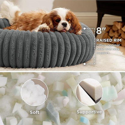 Bedsure ComfyFleece Donut Medium Dog Bed - Washable Faux Fur with Corduroy Fleece & Anti Slip Bottom, Round Pet Bed with Removable Cover, Warm Grey, 30x30x8 inches