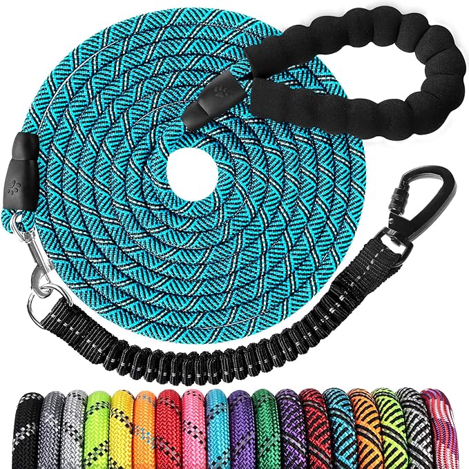 Long Dog Leash 15 FT: Heavy Duty Rope Leashes for Dogs Training with Swivel Lockable Hook Reflective Threads Bungee and Padded Handle - Dog Lead for Large Small Medium Dogs Outside Walking Hiking Blue