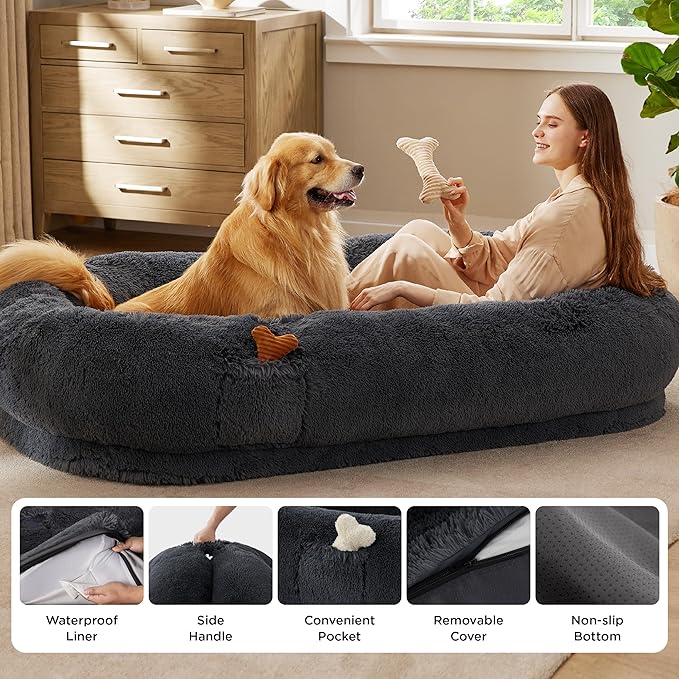 Bedsure Calming Human Dog Bed, 71" x 44" x 12" Giant Human Dog Bed for Adults People Fits Pet Families with Storage Pocket, Fluffy Faux Fur Orthopedic Pet Bean Bed, Dark Grey