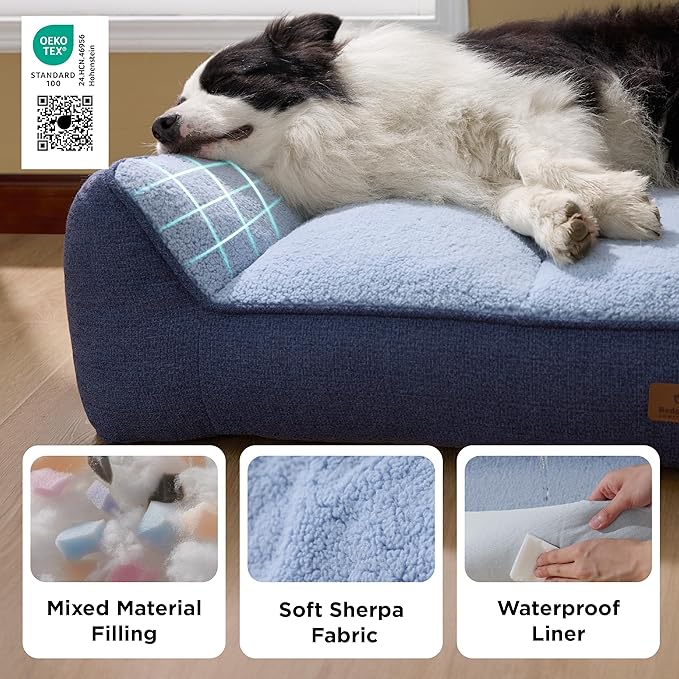 Bedsure Orthopedic Dog Beds Large Sized Dog - Extra Thick Supportive Large Dogs Bed with Waterproof Washable Cover, L Plus Comfort Pet Bed Sofa with Soft Plush Sherpa and Nonskid Bottom, Blue, 38"