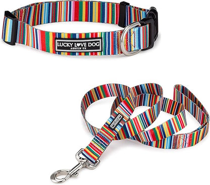 Lucky Love Dog - Easy Click Buckle Dog Collar with Leash Set Combo, Durable & Comfortable for Male & Female Dogs, Pet Collar for Medium Dogs, Secure Fit - Hippie Combo, Medium
