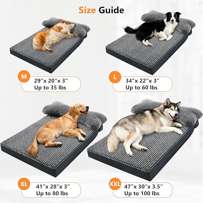 KISYYO Premium Orthopedic Dog Bed with Removable Pillow and Washable Cover – Extra Large Kennel Mat, Non-Slip Base & Plush Support for Pets, Grey (29" L x 20" W x 3.5" Th)