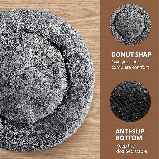 JOLLYVOGUE Calming Dog Bed Medium Size Dog, Anti-Anxiety Donut Medium Pet Bed, 27 inches Fluffy Faux Fur Round Cat Bed (Smoke Black)