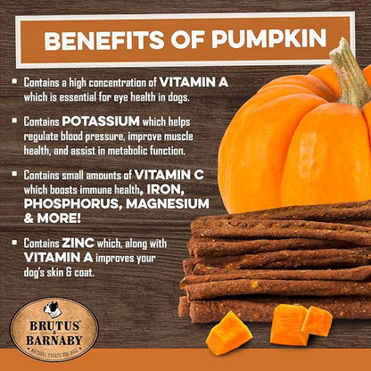BRUTUS & BARNABY USA Sweet Potato Dog Treats - Grain Free, Pumpkin Bacon Crunchy Sticks - Great Tasting, Promotes Positive Dog Gut Health with Natural Anti-Diarrhea Properties, No Preservatives Added
