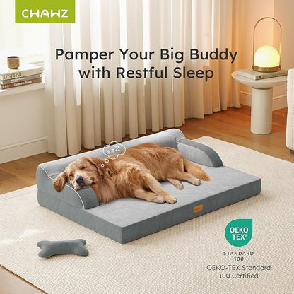 CWAWZ XL Orthopedic Dog Bed, Extra Large Dog Bed, Dual-Sided Pet Cooling Beds with Memory Foam Washable Cover Nonslip Bottom, Waterproof XLarge Pet Couch Beds with Bolsters, Light Grey