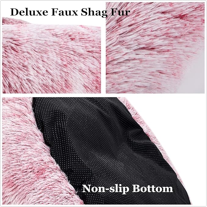 Coohom Oval Calming Donut Cuddler Dog Bed,Shag Faux Fur Cat Bed Washable Round Pillow Pet Bed(30"/36"/43") for Small Medium Dogs (XXL(43"x34"x8"), Red)