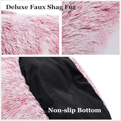 Coohom Oval Calming Donut Cuddler Dog Bed,Shag Faux Fur Cat Bed Washable Round Pillow Pet Bed(30"/36"/43") for Small Medium Dogs (XXL(43"x34"x8"), Red)