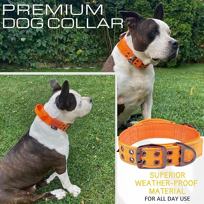 ADITYNA Heavy Duty Dog Collar for Large Dogs - Reflective Orange Collar with Handle for Training, and Walking - Wide, Thick, Tactical, Soft Neoprene Padded