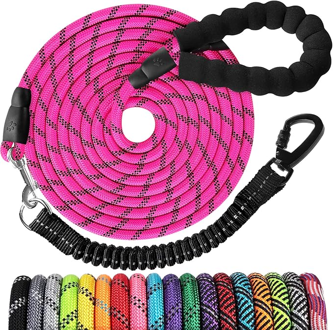 Long Dog Leash 15 FT: Heavy Duty Rope Leashes for Dogs Training with Swivel Lockable Hook Reflective Threads Bungee and Padded Handle - Dog Lead for Large Small Medium Dogs Outside Walking Hiking Pink
