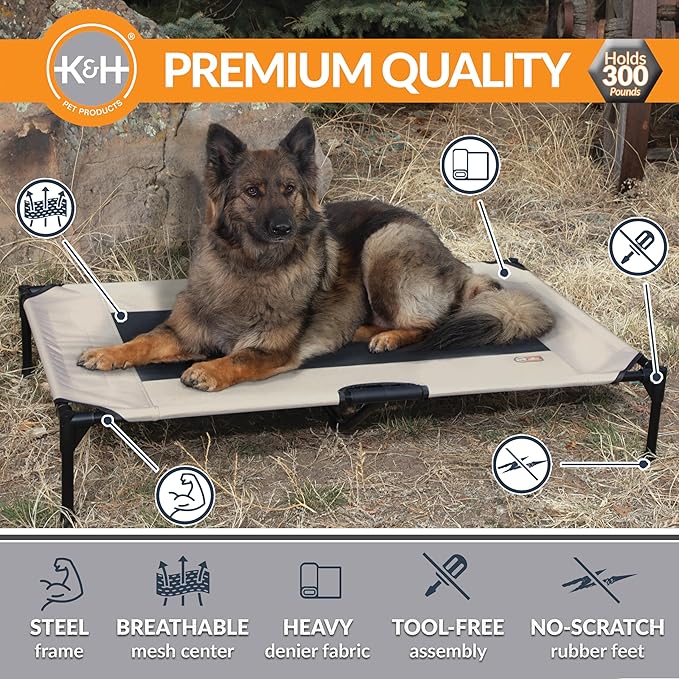 K&H Pet Products Outdoor Elevated Dog Cot, Breathable Cooling Elevated Cot Hammock Pet Bed for XL Dogs, Washable Mesh Cover, Raised Metal Frame, Collapsible, Portable - Extra-Large 50 X 32in Taupe