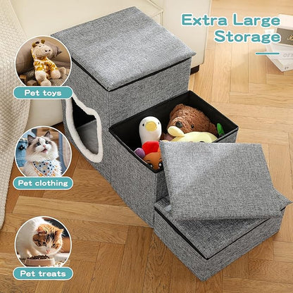 Crispedia Dog Stairs for Small Dogs, 3-Step Dog Ramp for Couch and Bed, Cat Stairs with Storage and Condo, Indoor Non-Slip Pet Stairs for Puppy, Older Cats, Arthritis-Friendly, Grey