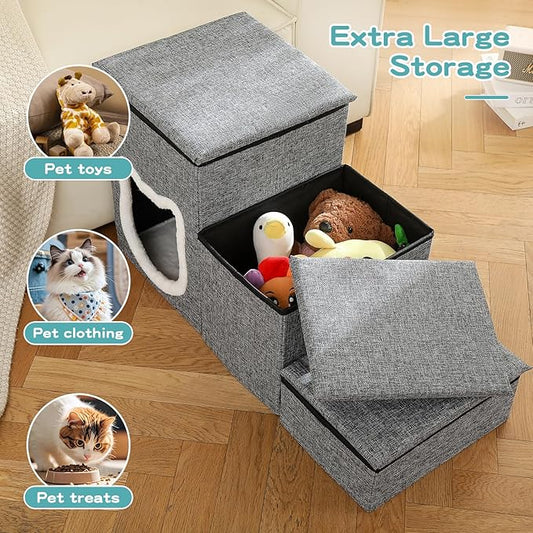 Crispedia Dog Stairs for Small Dogs, 3-Step Dog Ramp for Couch and Bed, Cat Stairs with Storage and Condo, Indoor Non-Slip Pet Stairs for Puppy, Older Cats, Arthritis-Friendly, Grey