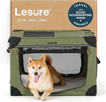 Lesure Shown on TODAY Show Soft Collapsible Dog Crate - 30 Inch Portable Travel Crate for Medium Dogs Indoor & Outdoor, 4-Door Foldable Pet Kennel with Mesh Windows, Green