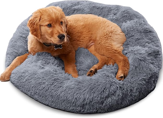 Active Pets Premium Small Donut Dog Bed, Fits Up to 45 lbs, Removable Cover & Washable Cushion, Plush Long Pile Faux Fur Fabric, Portable Dark Grey Pet Bed Furniture for Puppies Adult Canines & Cats