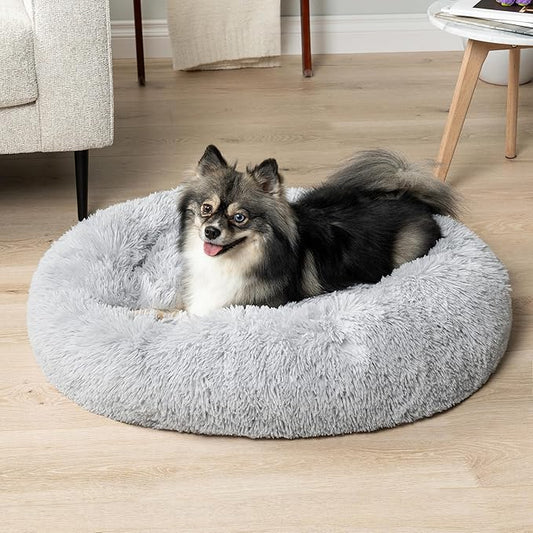 PetAmi Calming Dog Bed for Small & Medium Dogs and Cats, 23” Round Donut Dog Bed, Washable Fluffy Faux Fur Puppy & Cat Bed, Anti-Anxiety Plush Cuddler Pet Bed with Anti-Slip Bottom - Light Gray