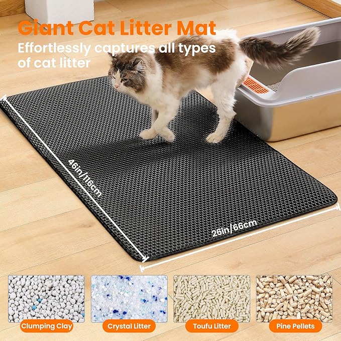 Petinstinct Jumbo Cat Litter Mat, 46x26 Inches Double Layer Honeycomb Litter Trapping Mat, Non Slip Waterproof Urine Proof Extra Large Cat Litter Box Mat, Kitten Supplies and Essentials, XXL, Black