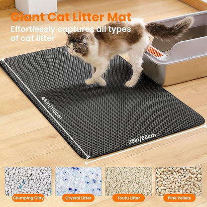 Petinstinct Jumbo Cat Litter Mat, 46x26 Inches Double Layer Honeycomb Litter Trapping Mat, Non Slip Waterproof Urine Proof Extra Large Cat Litter Box Mat, Kitten Supplies and Essentials, XXL, Black