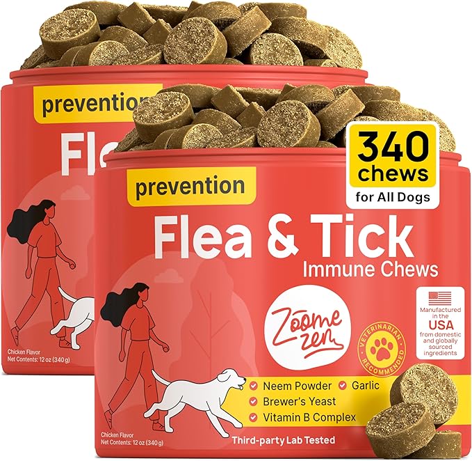 ZOOMEZEN Flea and Tick Prevention for Dogs Chewable – Natural Flea Pills for Dogs, All Breeds & Ages, Chicken Flavor – Dog Flea and Tick Treatment Chewable Supplement – 2 Pack, 340 Count, Made in USA