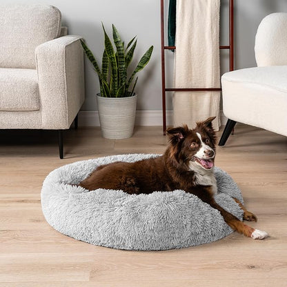 PetAmi Calming Dog Bed for Small & Medium Dogs and Cats, 30” Round Donut Dog Bed, Washable Fluffy Faux Fur Puppy & Cat Bed, Anti-Anxiety Plush Cuddler Pet Bed with Anti-Slip Bottom - Light Gray