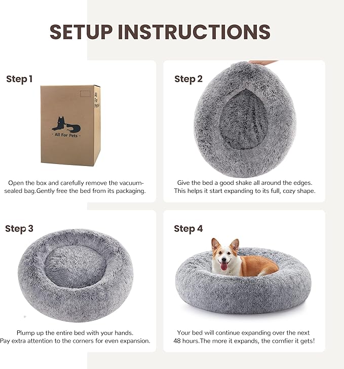 Warmrest Donut Dog Bed Medium Size Dog 36 Inch, Round Cat Beds for Small Medium Dogs and Cats with Washable Fluffy Faux Fur, Cute Comfort Pet Bed with Anti-Slip Bottom, Grey