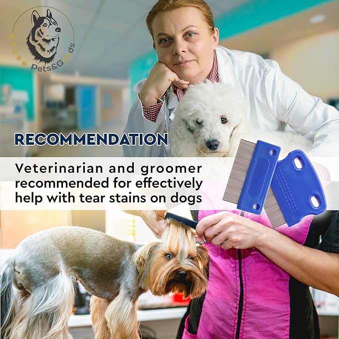 Pets&Goods Tear Stain Remover Comb Set for Dogs & Cats – Stainless Steel Eye Grooming Tool for Stains, Crust & Mucus – Gentle, Safe, Reusable – 2 Pack