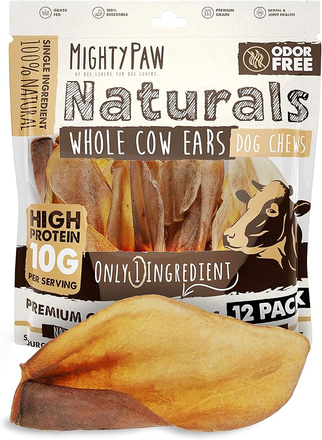 Mighty Paw 100% Natural Unbleached Cow Ears for Dogs - Single Ingredient - Cows Ears for Dogs Chew Treats Suitable for Small, Medium & Large Breeds - Pet Chews (12 Pack)