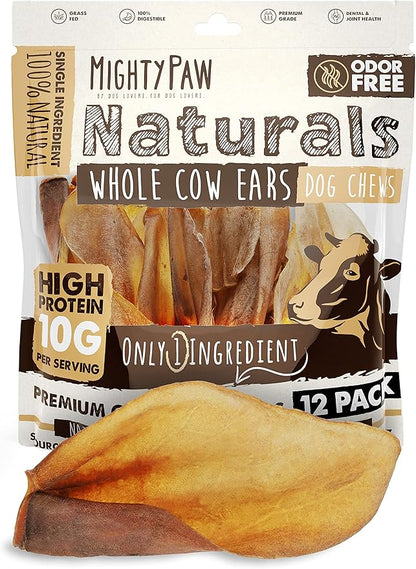 Mighty Paw 100% Natural Unbleached Cow Ears for Dogs - Single Ingredient - Cows Ears for Dogs Chew Treats Suitable for Small, Medium & Large Breeds - Pet Chews (12 Pack)