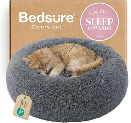 Bedsure Calming Cat Beds for Indoor Cats - Small Cat Bed Washable 20 inches, Anti-Slip Round Fluffy Plush Faux Fur Pet Bed, Fits up to 15 lbs Pets, Dark Grey