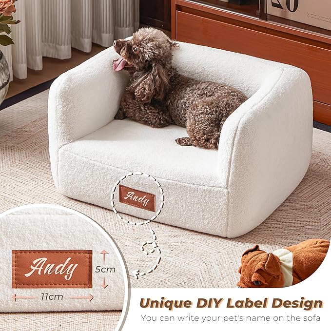ATJafurn White Faux Shearling Dog Couch Bed for Small Dogs Cats Under 35 lbs, 25.6 Inch Modern Elevated Cat Sofa with Leather Nameplate, Indoor Furniture Style Cute Raised Pet Sofa Bed (Small)
