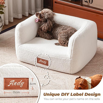 ATJafurn White Faux Shearling Dog Couch Bed for Small Dogs Cats Under 35 lbs, 25.6 Inch Modern Elevated Cat Sofa with Leather Nameplate, Indoor Furniture Style Cute Raised Pet Sofa Bed (Small)