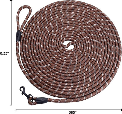 Long Dog Leash for Training 30Ft-Reflective Nylon Rope with Swivel Hook-Recall Agility Lead for Large Small Medium Dogs Outside Walking Hiking-Brown