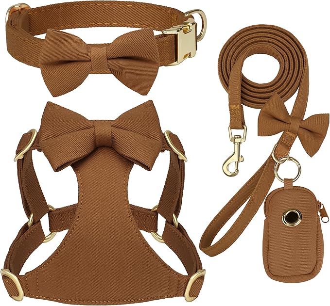 Beirui Adorable Small Dog Harness Collar and Leash Set,Cute Puppy Harness Set with 3 Bows for Small Dogs,Shih Tzu,Dachshund,Adjustable Step-in Vest for Daily Walking,Parties&Holiday Outfits(Brown,S)