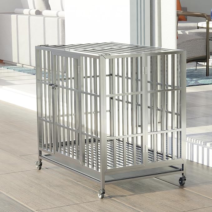 37" 42" 48" Heavy Duty Dog cage Stainless Steel Metal Kennel and Crate, Collapsible for Medium to Large Dogs, Easy to Assemble pet Pen with Four Lockable Wheels, Black Tray(37in)