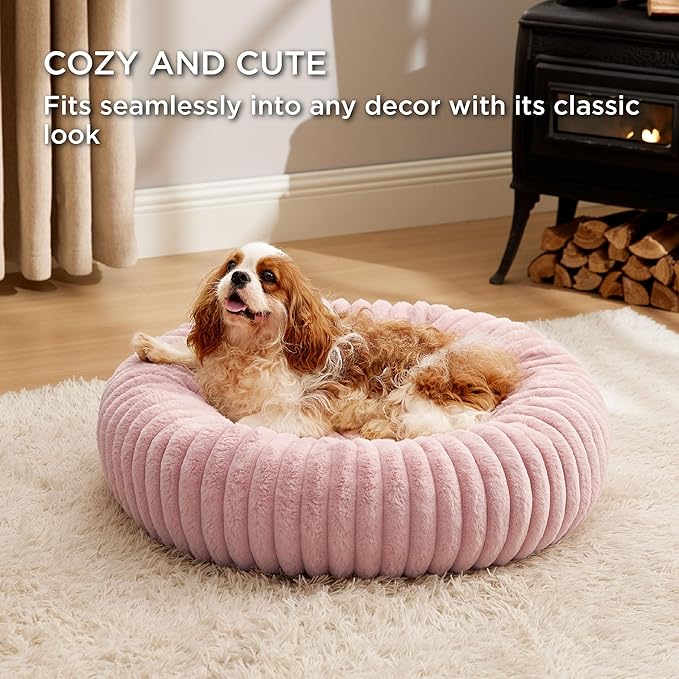 Bedsure ComfyFleece Donut Medium Dog Bed - Washable Faux Fur with Corduroy Fleece & Anti Slip Bottom, Round Pet Bed with Removable Cover, Blush Pink, 30x30x8 inches