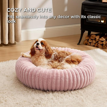 Bedsure ComfyFleece Donut Medium Dog Bed - Washable Faux Fur with Corduroy Fleece & Anti Slip Bottom, Round Pet Bed with Removable Cover, Blush Pink, 30x30x8 inches