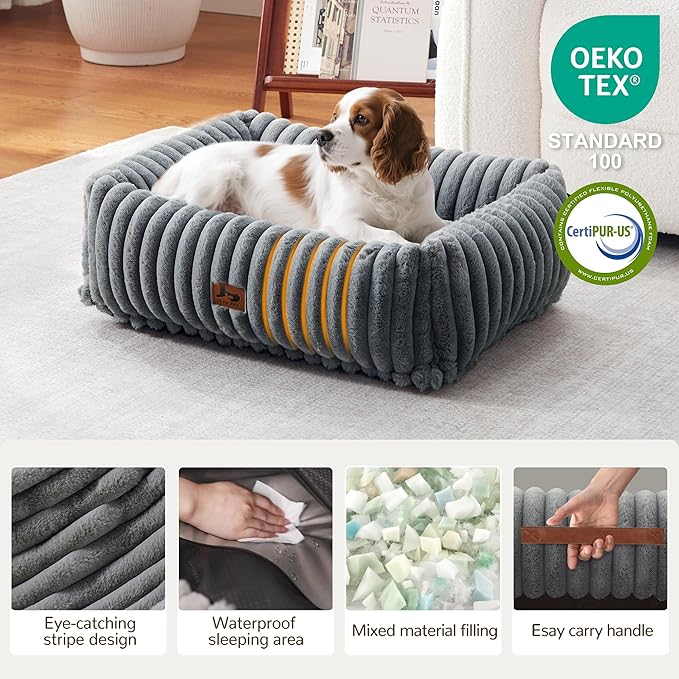 Warmrest Washable Dog Bed for Small Medium Dogs - Rectangle Orthopedic Corduroy Fleece Pet Bed with Removable Cover and Nonskid Bottom, Calming Puppy Bed Soft Pet Sofa, Grey(25x21x7inchs)