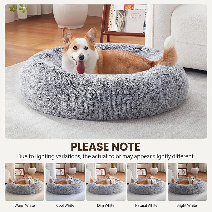 Warmrest Donut Dog Bed Medium Size Dog 36 Inch, Round Cat Beds for Small Medium Dogs and Cats with Washable Fluffy Faux Fur, Cute Comfort Pet Bed with Anti-Slip Bottom, Grey