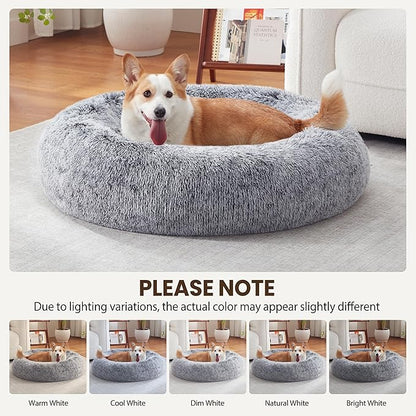 Warmrest Donut Dog Bed Medium Size Dog 36 Inch, Round Cat Beds for Small Medium Dogs and Cats with Washable Fluffy Faux Fur, Cute Comfort Pet Bed with Anti-Slip Bottom, Grey
