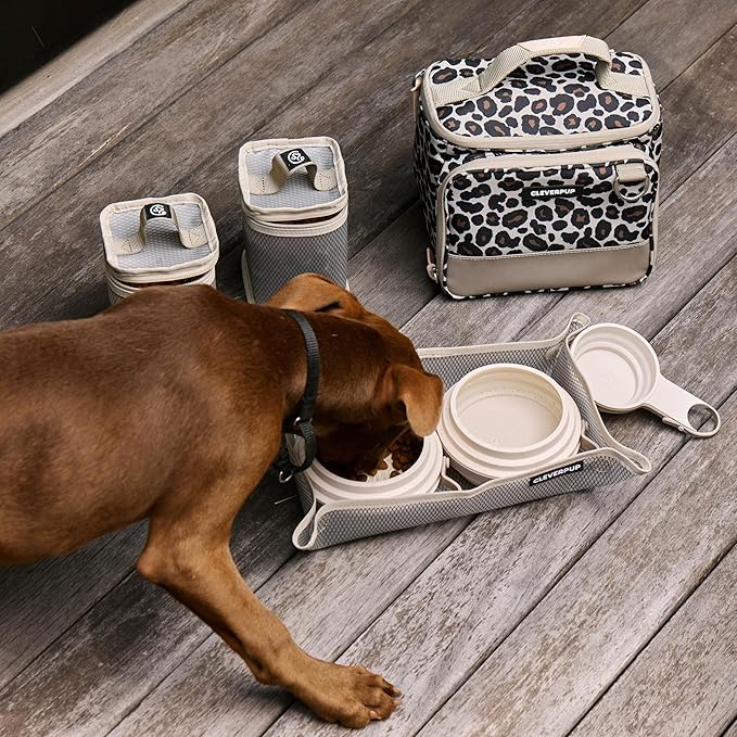 Cleverpup, Small 7-Piece Bistro Box Dog Food Travel Kit, 6-Cup Kibble Storage, 2 Silicone Bowls, Mat & Scoop - Premium Portable Pet Food Kit for Weekends, Overnights, Daycare & Camping, Leopard