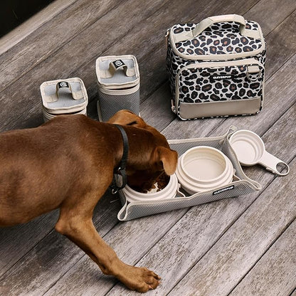 Cleverpup, Small 7-Piece Bistro Box Dog Food Travel Kit, 6-Cup Kibble Storage, 2 Silicone Bowls, Mat & Scoop - Premium Portable Pet Food Kit for Weekends, Overnights, Daycare & Camping, Leopard
