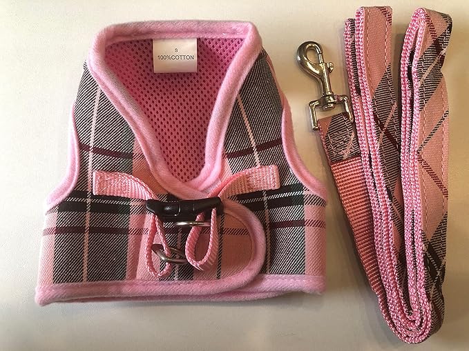 PUPTECK Soft Mesh Dog Harness and Leash Set Step-in Plaid Puppy Padded No Pull Vest Harness for XS Small Medium Sized Dogs Cats Outdoor Walking, Pink L