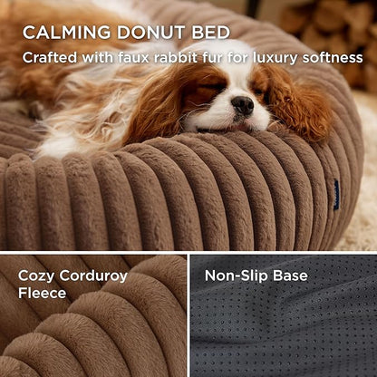 Bedsure ComfyFleece Donut Small Dog Bed - Dog Beds for Small Dogs with Corduroy Fleece & Anti Slip Bottom, Round Faux Fur Pet Beds with Washable Removable Cover, Camel Brown, 27x27x8 inches