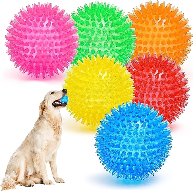 Ousiya 3.5” Squeaky Dog Toy Balls (6 Colors) Dog Toys Spikey Dogs Ball for Aggressive Chewers Heavy Duty Teething Large Medium Durable Dogs Balls