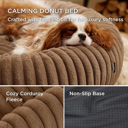 Bedsure ComfyFleece Donut Small Dog Bed - Dog Beds for Small Dogs with Corduroy Fleece & Anti Slip Bottom, Round Faux Fur Pet Beds with Washable Removable Cover, Camel Brown, 23x23x7 inches